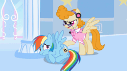 Size: 1920x1080 | Tagged: safe, imported from derpibooru, screencap, lucy packard, rainbow dash, pegasus, pony, season 1, sonic rainboom (episode), animated, butt touch, cloud, cloudsdale, duo, duo female, female, frown, gif, lying down, open mouth, out of context, prone, scared, scrunchy face, spread wings, wings