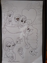 Size: 1280x1707 | Tagged: safe, artist:herumankahi, imported from derpibooru, oc, oc:estevangel, oc:golden sea, oc:pretty wave, oc:silvernaqua, pony, seapony (g4), boat, holiday, traditional art, valentine's day