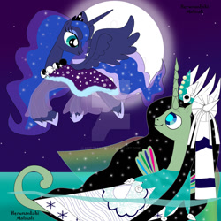 Size: 1024x1024 | Tagged: safe, artist:herumankahi, imported from derpibooru, princess luna, oc, alicorn, sea pony, moon, night, ocean, water