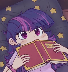 Size: 1200x1265 | Tagged: safe, artist:krista-21, imported from derpibooru, twilight sparkle, human, :>, bed, book, cute, female, humanized, lying down, on back, simple background, solo, that pony sure does love books, twiabetes