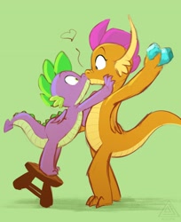 Size: 2504x3068 | Tagged: safe, artist:elicitie, imported from derpibooru, smolder, spike, dragon, accidental kiss, cute, dragoness, duo, female, floating heart, gem, green background, heart, height difference, kissing, male, shipping, simple background, smooch, spolder, stool, straight, surprised, winged spike, wings