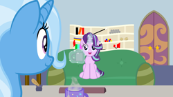 Size: 1920x1080 | Tagged: safe, artist:violarules, imported from derpibooru, starlight glimmer, trixie, fanfic:the nemesis, coffee mug, door, levitation, magic, mug, starlight's office, telekinesis