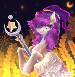 Size: 1280x1313 | Tagged: safe, artist:meggychocolatka, imported from derpibooru, oc, oc only, pegasus, pony, crescent moon, eye clipping through hair, eyelashes, female, food, hat, mare, moon, outdoors, pegasus oc, scepter, solo, stars, wheat, wings, witch hat