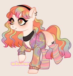 Size: 2166x2247 | Tagged: safe, artist:whohwo, imported from derpibooru, oc, oc only, earth pony, pony, base used, choker, clothes, ear piercing, earring, earth pony oc, eyelashes, jewelry, piercing, raised hoof, simple background, socks, solo, striped socks