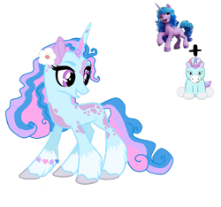 Size: 1941x1820 | Tagged: safe, artist:themessyfangirl, artist:vernorexia, imported from derpibooru, izzy moonbow, oc, clydesdale, pony, unicorn, adoptable, base used, blue coat, bracelet, coat markings, colored horn, curly mane, dappled, female, flower, flower in hair, fusion, g5, g5 concept leak style, horn, jewelry, mare, multicolored horn, multicolored mane, purple eyes, simple background, solo, spots, transparent background, unshorn fetlocks, webkinz lil spring unicorn