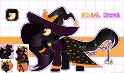 Size: 1200x709 | Tagged: safe, artist:henori_artist, imported from derpibooru, oc, oc only, anthro, cat, cat pony, original species, pony, anthro with ponies, base used, bow, clothes, dress, eyelashes, female, halloween, hat, holiday, jack-o-lantern, mare, pumpkin, raised hoof, smiling, witch hat