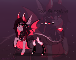 Size: 2400x1900 | Tagged: safe, artist:henori_artist, imported from derpibooru, oc, oc only, fox, fox pony, hybrid, pony, succubus, base used, chest fluff, clothes, devil horns, ear fluff, eyelashes, fangs, female, hoof polish, horns, latex, latex socks, mare, raised hoof, smiling, socks, zoom layer