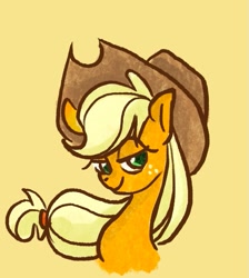 Size: 489x546 | Tagged: safe, artist:laya-21, imported from derpibooru, applejack, bust, lidded eyes, simple background, solo, yellow background