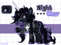 Size: 2123x1600 | Tagged: safe, artist:henori_artist, imported from derpibooru, oc, oc only, oc:night star, pony, unicorn, base used, ethereal mane, eyelashes, female, hoof polish, horn, mare, raised hoof, reference sheet, smiling, solo, starry mane, unicorn oc