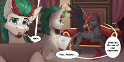 Size: 7087x3543 | Tagged: safe, artist:dorkmark, imported from derpibooru, oc, oc:redchetgreen, oc:tan, oc:tan-dreamstiller, earth pony, pegasus, pony, facial hair