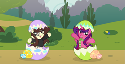 Size: 3431x1767 | Tagged: safe, artist:darbypop1, imported from derpibooru, oc, oc only, oc:alyssa rice, oc:darby, alicorn, pony, clothes, easter egg, female, glasses, mare, scarf