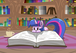 Size: 1280x896 | Tagged: safe, artist:genericmlp, imported from derpibooru, twilight sparkle, pony, big book, book, coffee cup, cup, micro, small, solo