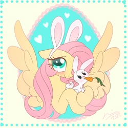 Size: 2000x2000 | Tagged: safe, artist:creeate97, imported from derpibooru, angel bunny, fluttershy, pegasus, pony, blushing, carrot, cute, eating, food, herbivore, shyabetes