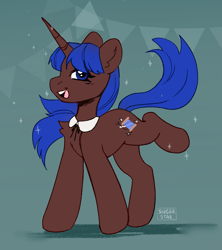 Size: 2423x2731 | Tagged: safe, artist:sugarstar, imported from derpibooru, oc, oc only, pony, unicorn, female, mare, open mouth, open smile, raised hoof, smiling, solo, sparkles