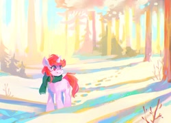 Size: 2048x1477 | Tagged: safe, artist:dearmary, imported from derpibooru, oc, oc only, oc:dawnfire, pony, unicorn, clothes, forest, scarf, snow, solo, tree
