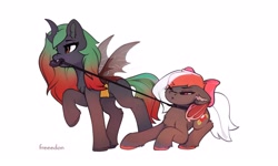 Size: 3000x1800 | Tagged: safe, artist:freeedon, imported from derpibooru, oc, oc only, oc:amaryllis, bat pony, changeling, pony, double colored changeling, duo, duo female, female, gradient mane, gradient tail, mouth hold, pet collar, red changeling, scrunchy face, simple background, tail, unwilling, white background