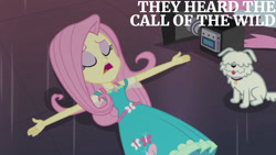 Size: 1280x720 | Tagged: safe, edit, edited screencap, editor:quoterific, imported from derpibooru, screencap, fluttershy, human, equestria girls, equestria girls series, outtakes (episode), clothes, cutie mark on clothes, eyes closed, female, geode of fauna, jewelry, lying down, magical geodes, necklace, open mouth, text, video camera