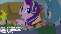 Size: 1280x720 | Tagged: safe, edit, edited screencap, editor:quoterific, imported from derpibooru, screencap, starlight glimmer, trixie, pony, unicorn, road to friendship, season 8, spoiler:s08, box, cute, duo, female, glimmerbetes, mare, open mouth, open smile, smiling, text