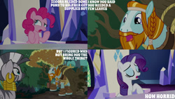 Size: 1280x720 | Tagged: safe, edit, edited screencap, editor:quoterific, imported from derpibooru, screencap, pinkie pie, rarity, rockhoof, zecora, earth pony, pony, unicorn, zebra, a rockhoof and a hard place, season 8, spoiler:s08, eyes closed, female, male, mare, open mouth, stallion, text, twilight's castle
