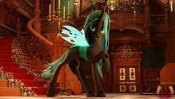 Size: 3840x2160 | Tagged: safe, artist:loveslove, imported from derpibooru, queen chrysalis, changeling, changeling queen, 3d, 4k, blender, candle, carpet, castle, female, grin, high res, horn, insect wings, looking at you, mansion, mare, not sfm, raised hoof, red carpet, resident evil, resident evil 8, smiling, smiling at you, solo, spread wings, stairs, wings