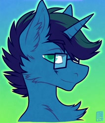 Size: 898x1054 | Tagged: safe, artist:ferwildir, imported from derpibooru, oc, oc only, oc:arioso, pony, unicorn, cheek fluff, chest fluff, ear fluff, glasses, gradient background, male, stallion, two toned mane