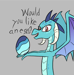 Size: 1080x1083 | Tagged: safe, artist:happy harvey, imported from derpibooru, princess ember, dragon, dialogue, dragoness, drawthread, egg, female, gray background, holding, looking at you, offering, phone drawing, simple background, spread wings, wings