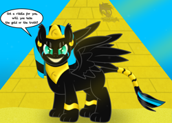 Size: 5760x4154 | Tagged: safe, artist:damlanil, imported from derpibooru, oc, oc:nightlight aura, pony, sphinx, comic, commission, crown, egyptian, egyptian headdress, evil grin, female, grin, implied transformation, jewelry, makeup, mare, mascara, necklace, regalia, sharp teeth, show accurate, smiling, solo, species swap, speech bubble, sphinxified, spread wings, story, story in the source, teeth, text, vector, wings