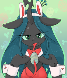 Size: 1280x1480 | Tagged: safe, artist:batipin, imported from derpibooru, queen chrysalis, changeling, changeling queen, bedroom eyes, bunny suit, clothes, cuffs (clothes), easter egg, egg, eye clipping through hair, female, long tongue, looking at you, solo, tongue out