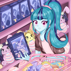 Size: 1000x1000 | Tagged: safe, alternate version, artist:namieart, imported from derpibooru, adagio dazzle, aria blaze, sonata dusk, human, rabbit, equestria girls, animal, anime style, bunnified, easter, easter egg, happy easter, holiday, plushie, shopping, shopping cart, solo, species swap, the dazzlings, toy