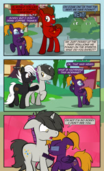 Size: 1920x3168 | Tagged: safe, artist:alexdti, imported from derpibooru, oc, oc only, oc:bass sparks, oc:purple creativity, oc:shadow gear, oc:slide fortissimo, earth pony, pegasus, pony, unicorn, comic:quest for friendship, bump, bush, comic, dialogue, ear piercing, earring, ears back, earth pony oc, eyes closed, female, folded wings, glasses, high res, hooves, horn, jewelry, looking at each other, looking at someone, looking back, male, mare, misspelling, nose wrinkle, onomatopoeia, open mouth, open smile, outdoors, pegasus oc, piercing, pointing, ponytail, raised eyebrow, raised hoof, raised leg, scrunchy face, shadow, smiling, speech bubble, stallion, standing, tail, unicorn oc, walking, wall of tags, wings