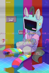 Size: 1392x2048 | Tagged: safe, artist:wavecipher, imported from derpibooru, oc, oc only, oc:mono, earth pony, pony, aesthetics, bandaid, clothes, error, glitch, hoodie, object head, sitting, socks, solo, static, striped socks, television
