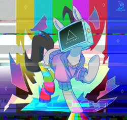 Size: 2636x2480 | Tagged: safe, artist:wavecipher, imported from derpibooru, oc, oc only, oc:mono, earth pony, pony, aesthetics, clothes, error, glitch, hoodie, object head, socks, solo, striped socks, television