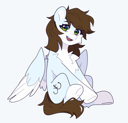 Size: 2083x2000 | Tagged: safe, artist:floweryoutoday, imported from derpibooru, oc, oc only, oc:serenade sky, pegasus, pony, blue coat, brown mane, brown tail, coat markings, colored ears, colored wings, female, gray background, green eyes, looking at you, mare, open mouth, pale belly, partially open wings, simple background, sitting, smiling, smiling at you, socks (coat markings), solo, tail, two toned wings, white background, wings
