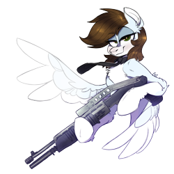 Size: 2000x2000 | Tagged: safe, artist:wacky-skiff, imported from derpibooru, oc, oc only, oc:serenade sky, pegasus, pony, bedroom eyes, chest fluff, coat markings, colored ear fluff, colored wings, gun, leg fluff, looking at you, necktie, pale belly, shotgun, simple background, socks (coat markings), solo, spas-12, spread wings, transparent background, two toned wings, weapon, wings