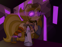 Size: 4000x3051 | Tagged: safe, artist:beigedraws, imported from derpibooru, oc, oc:beige, unicorn, chest fluff, clothes, cyberpunk, glasses, hat, outrun, prosthetics, socks, solo, vest