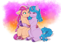 Size: 1280x905 | Tagged: safe, artist:delfinaluther, imported from derpibooru, izzy moonbow, sunny starscout, earth pony, pony, unicorn, chest fluff, cuddling, female, g5, heart, horn, hug, izzyscout, lesbian, love, shipping