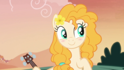 Size: 1280x720 | Tagged: safe, imported from derpibooru, screencap, pear butter, earth pony, pony, season 7, the perfect pear, blushing, cute, daaaaaaaaaaaw, female, guitar, implied bright mac, mare, musical instrument, pearabetes, smiling, solo