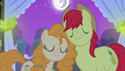 Size: 1280x720 | Tagged: safe, imported from derpibooru, screencap, bright mac, pear butter, earth pony, pony, season 7, the perfect pear, brightbutter, duo, eyes closed, female, male, mare, mare in the moon, marriage, moon, shipping, shipping fuel, stallion, straight, wedding