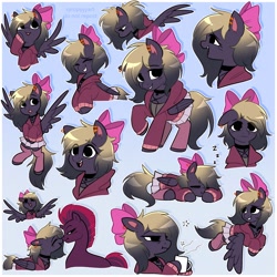 Size: 2500x2500 | Tagged: safe, artist:syrupyyy, imported from derpibooru, tempest shadow, oc, pegasus, pony, boop, bow, canon x oc, clothes, colored pinnae, ear piercing, female, flying, gradient background, hair bow, hoodie, mare, mug, noseboop, onomatopoeia, open mouth, pegasus oc, piercing, poses, skirt, sleeping, solo, sound effects, spread wings, tongue out, wings, zzz