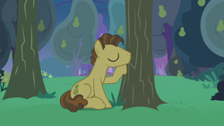 Size: 1280x720 | Tagged: safe, imported from derpibooru, screencap, grand pear, earth pony, pony, season 7, the perfect pear, food, kissing, male, orchard, pear, pear orchard, pear tree, solo, stallion, tree