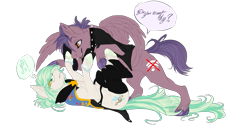 Size: 1731x887 | Tagged: safe, artist:requiem♥, imported from derpibooru, oc, oc only, oc:blindside, oc:requiem, pegasus, unicorn, clothes, duo, green hooves, green mane, purple hooves, purple mane, simple background, transparent background, white fur, yellow eyes