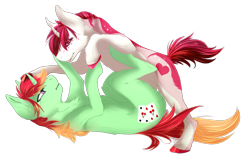 Size: 1611x1033 | Tagged: safe, artist:requiem♥, imported from derpibooru, oc, oc only, oc:jonin, unicorn, commission, duo, green fur, pink fur, playful, red eyes, simple background, transparent background, white fur, ych result