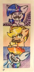 Size: 1499x3121 | Tagged: safe, artist:galaxy swirl, imported from derpibooru, applejack, rainbow dash, twilight sparkle, alicorn, earth pony, pegasus, pony, facial hair, fake moustache, grin, moustache, smiling, traditional art, twilight sparkle (alicorn)