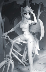 Size: 1500x2340 | Tagged: safe, artist:yakovlev-vad, imported from derpibooru, oc, oc only, oc:jeppesen, anthro, pegasus, unguligrade anthro, belly, belly button, bicycle, braid, breasts, clothes, female, forest, midriff, monochrome, pegasus oc, short shirt, shorts, sketch, solo, spread wings, twin braids, wings