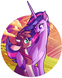 Size: 1200x1494 | Tagged: safe, artist:redahfuhrerking, imported from derpibooru, twilight sparkle, alicorn, cow, pony, them's fightin' herds, the last problem, arizona (tfh), community related, duo, duo female, eye clipping through hair, eyebrows, eyebrows visible through hair, female, frown, looking at each other, looking at someone, mare, older, older twilight, open mouth, open smile, princess twilight 2.0, sad, side hug, simple background, smiling, tara strong, transparent background, twilight sparkle (alicorn), voice actor joke