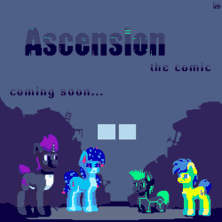 Size: 1024x1024 | Tagged: safe, artist:vohd, imported from derpibooru, oc, oc only, oc:ex, oc:igalop, oc:vohd, earth pony, pony, robot, robot pony, unicorn, animated, announcement, gif, hologram, pixel art, scrapes