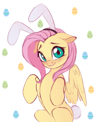 Size: 1713x2186 | Tagged: safe, artist:vetta, imported from derpibooru, fluttershy, pegasus, pony, blushing, bunny ears, bunny tail, cute, female, floppy ears, looking at you, mare, shyabetes, simple background, sitting, smiling, solo, spread wings, tail, white background, wings
