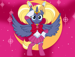Size: 2784x2088 | Tagged: safe, artist:badumsquish, derpibooru exclusive, imported from derpibooru, star tracker, alicorn, pony, abstract background, alicornified, bipedal, boots, bow, chibi-usa, choker, clothes, crescent moon, crossdressing, crossplay, cute, femboy, freckles, frown, gloves, hair ornament, heart, jewelry, long mane, long tail, male, moon, necklace, pigtails, pose, race swap, rini tsukino, sailor chibi moon, sailor mini moon, sailor moon, sailor tracker, sailor uniform, salute, shoes, show accurate, skirt, solo, species swap, spread wings, stallion, starcrossed, stars, tail, tiara, trackerbetes, trackercorn, trap, twintails, uniform, wings