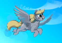 Size: 2661x1856 | Tagged: safe, artist:alumx, imported from derpibooru, derpy hooves, pegasus, pony, blush sticker, blushing, cute, derpabetes, female, flying, mare, open mouth, open smile, smiling, solo