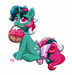 Size: 3366x3517 | Tagged: safe, artist:confetticakez, imported from derpibooru, fizzy, pony, unicorn, basket, bow, cute, female, fizzybetes, g1, g1 to g4, g4, generation leap, mare, mouth hold, simple background, solo, tail, tail bow, white background